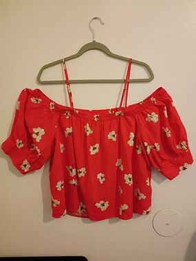Universal Thread Women's Red Floral Off-Shoulder Puff Sleeve Crop Top Sz XL